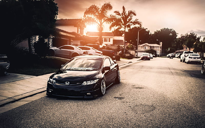 Honda Civic Si, tuning, stance, street, sunset, Honda, HD wallpaper