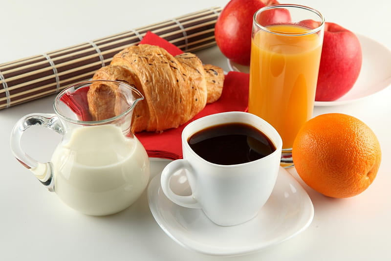 Breakfast, orange, fruits, croissants, fruit, drink, cups, apple, juice, drinks, apples, oranges, coffee, cup, milk, croissant, white, HD wallpaper
