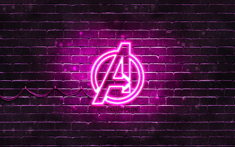 Avengers purple logo purple brickwall, Avengers logo, superheroes, Avengers neon logo, Avengers, HD wallpaper