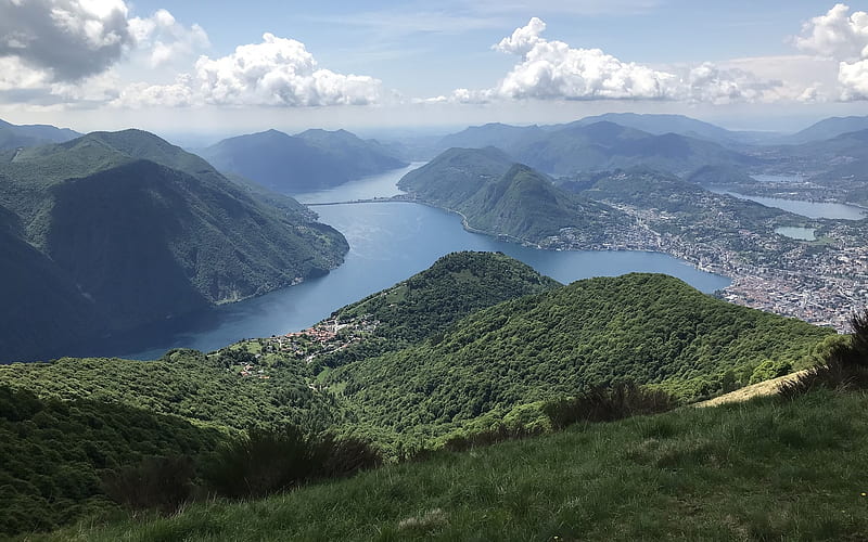 Lake Lugano, Switzerland, Lugano, mountains, lake, Switzerland, clouds, panorama, HD wallpaper