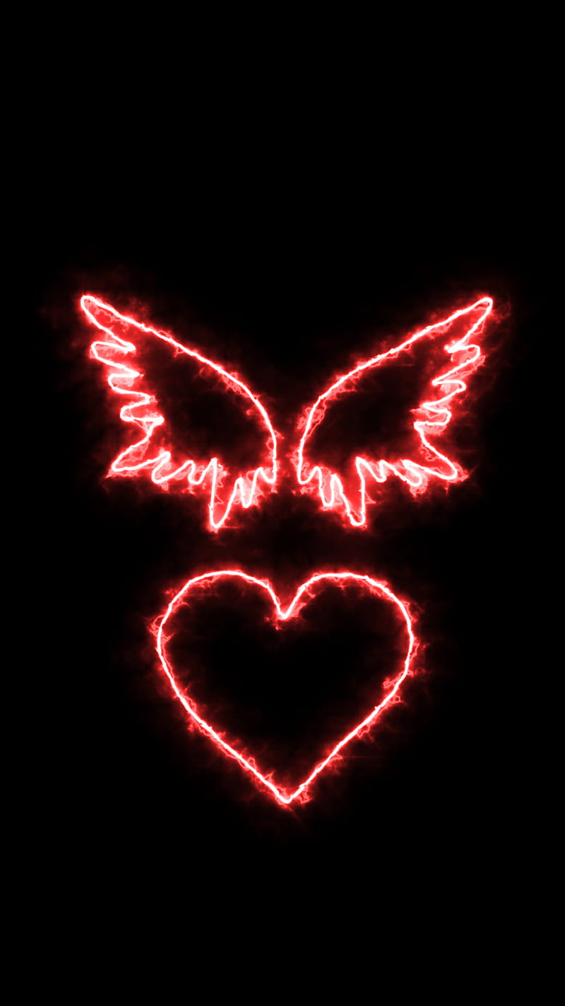ANGEL&HEART, angel, black, heart, light, love, neon, HD phone wallpaper
