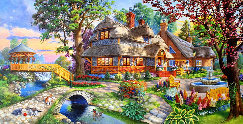 Paradise place, pretty, colorful, house, cottage, home, bonito, countryside, nice, bridge, painting, village, flowers, river, duckling, art, rest, fountain, relax, place, kittens, spring, creek, trees, lvoely, paradise, peaceful, summer, garden, gazebo, HD wallpaper