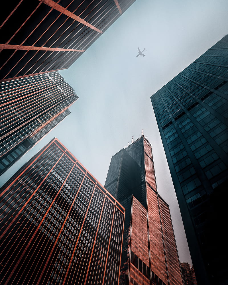 buildings, skyscrapers, plane, facades, view from below, HD phone wallpaper