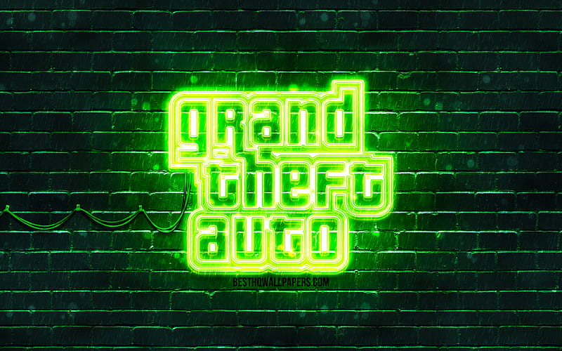 GTA green logo green brickwall, Grand Theft Auto, GTA logo, GTA neon logo, GTA, Grand Theft Auto logo, HD wallpaper