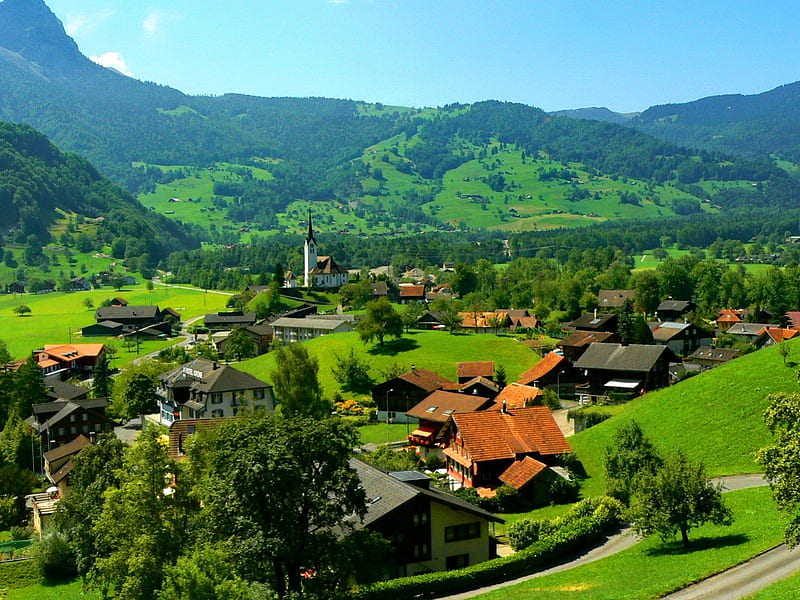 Hermosa suiza, bonita, cabañas, césped, suiza, hermoso, montaña, bonito,  verde, Fondo de pantalla HD | Peakpx