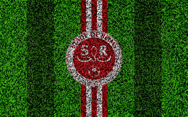 Reims FC logo, football lawn, french football club, white red lines, grass texture, Ligue 2, Reims, France, football, soccer field, Stade de Reims, HD wallpaper