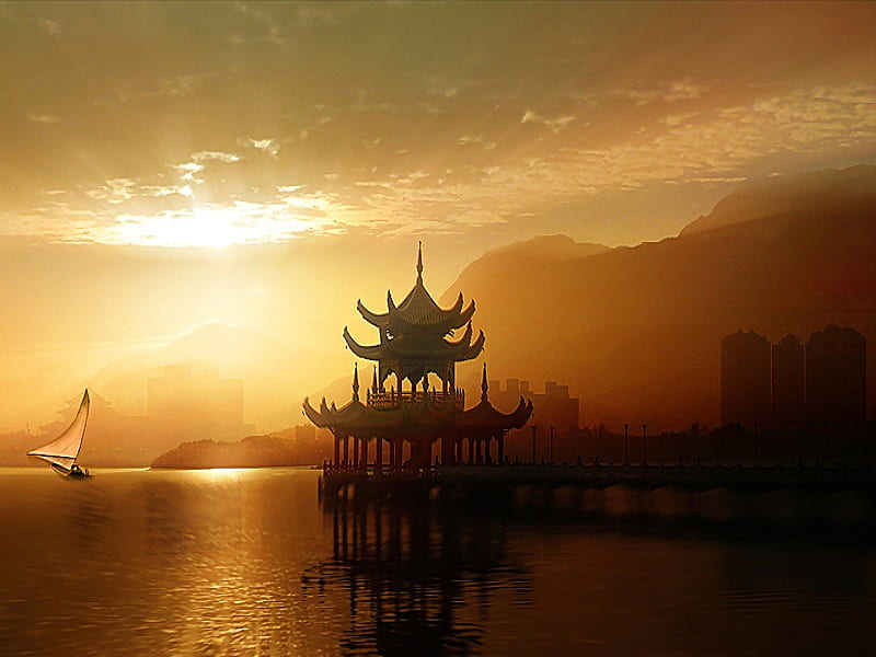 Golden dawn, dawn, japanese, golden, sunbeams, sailing, sea, breaking, boat, city, water, temple, sunrise, HD wallpaper