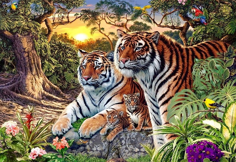 Tiger family, jungle, flowers, colors, cubs, trees, Tigers, Sunset, Birds, HD wallpaper