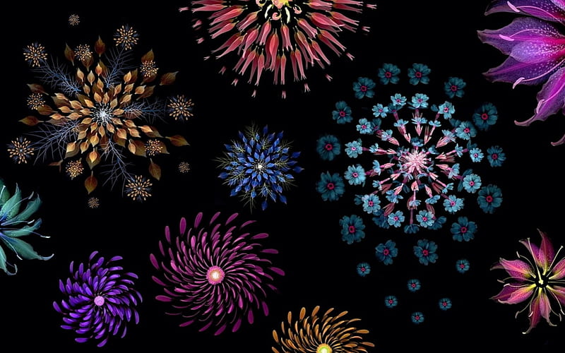 Abstract flowers, pattern, red, luminos, black, yellow, abstract, fireworks, texture, flower, paper, pink, blue, HD wallpaper
