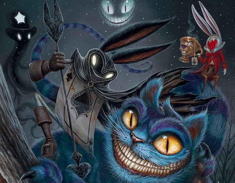 Cheshire cat, luminos, greg simkins, wonderland, eyes, pisici, blue, card, fantasy, white rabbit, HD wallpaper