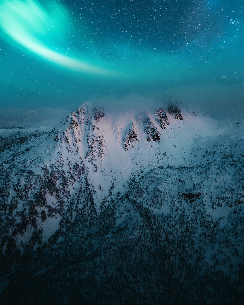 mountain, snow, northern lights, night, winter, HD phone wallpaper