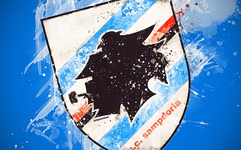 UC Sampdoria paint art, creative, Italian soccer team, Serie A, logo, emblem, blue background, grunge style, Genoa, Italy, football, HD wallpaper