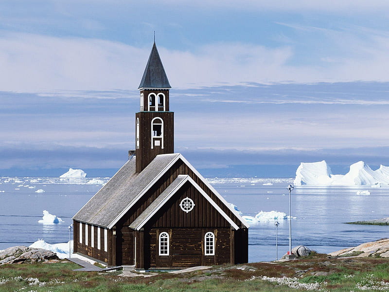 Church in Disko Bay, Greenland, greenland, ice, church, lake, wooden, HD wallpaper