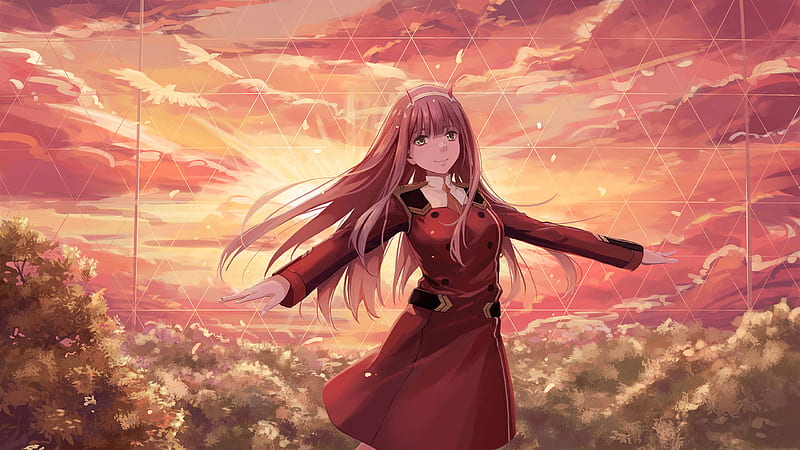Darling In The FranXX Zero Two Hiro Zero Two With Red Dress With Background  Of Sunrise And Red Sky Anime, HD wallpaper | Peakpx