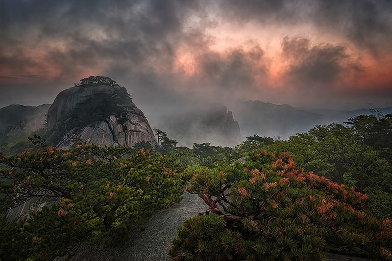 Storm, Sun, Pathway, Plants, Mountains, Clouds, Sky, Tropics, Rocks 