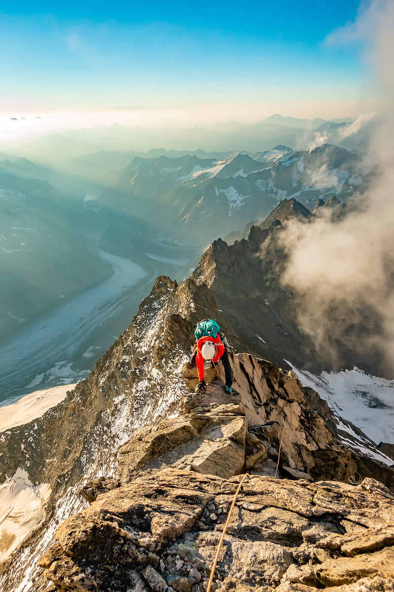 tourist, traveler, climber, mountains, rocks, snow, HD phone wallpaper
