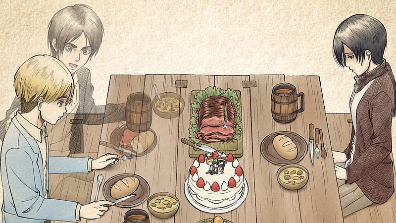 Attack On Titan Armin Arlert Eren Yeager Mikasa Ackerman Are Sitting Around Dining Table To Eat Food Anime, HD wallpaper