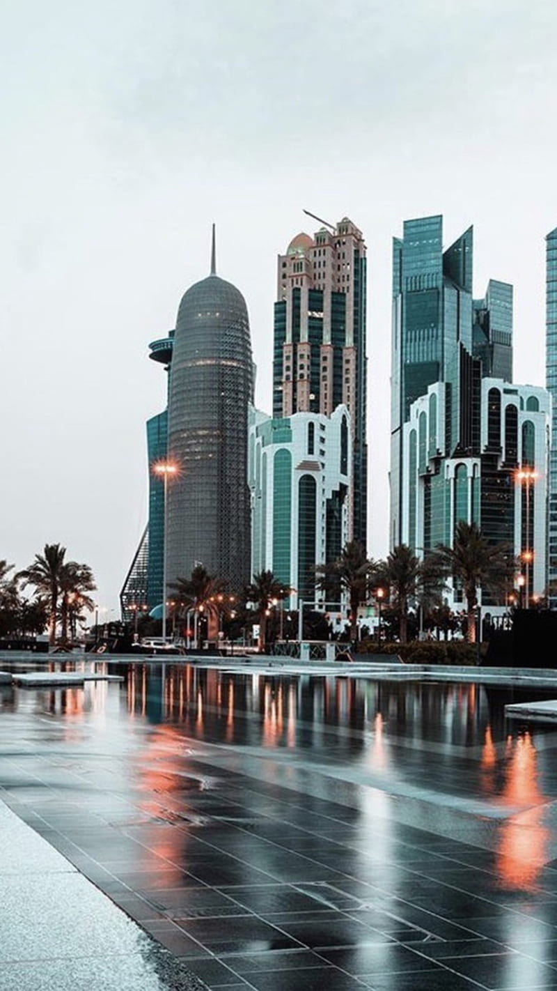 Beauty of Building , city, doha, qatar, rain, rainy day, reflection, state, west bay, HD phone wallpaper