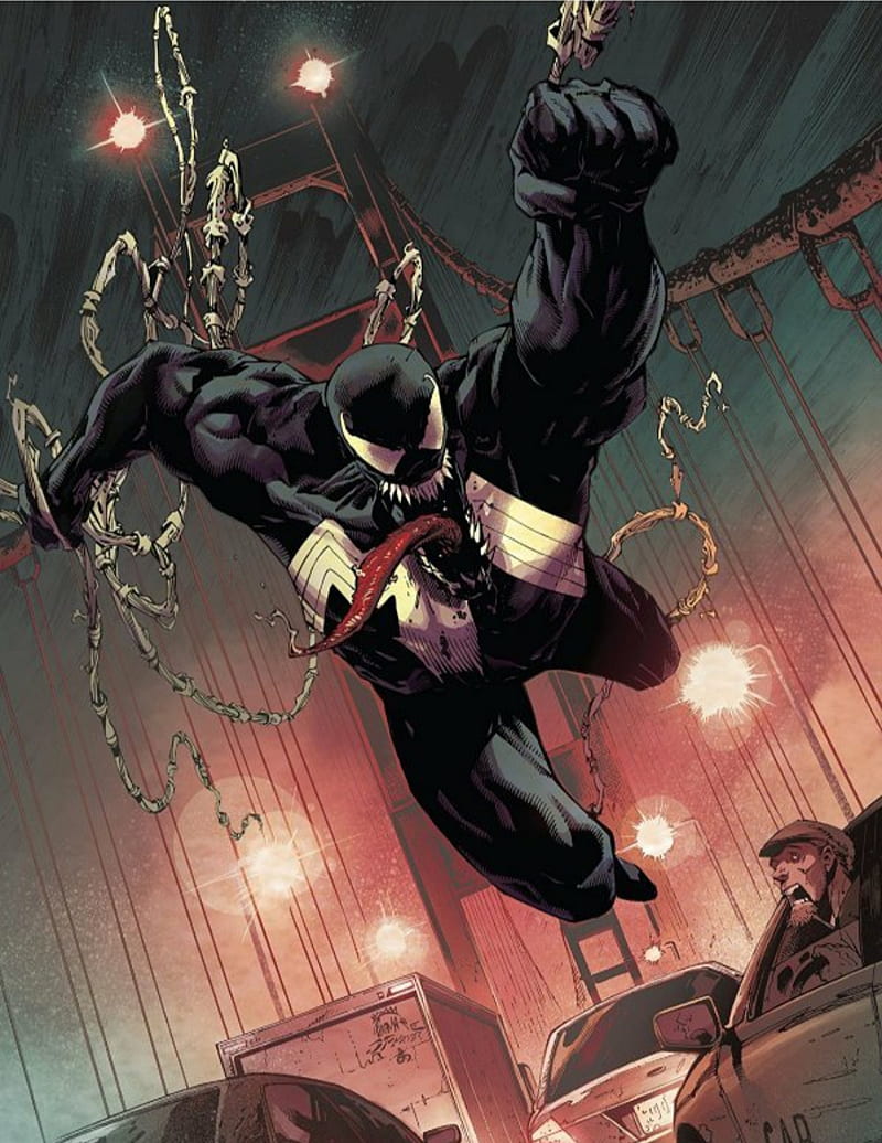 Venom Swinging, black, carnage, comic, eddie brock, marvel, marvel comic, san francisco, spiderman, symbiote, HD phone wallpaper