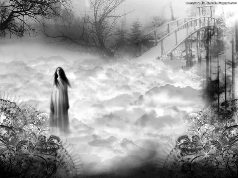 Gothic death, Lady, Black, Bridge, Ghost, Fog, Gothic, HD wallpaper