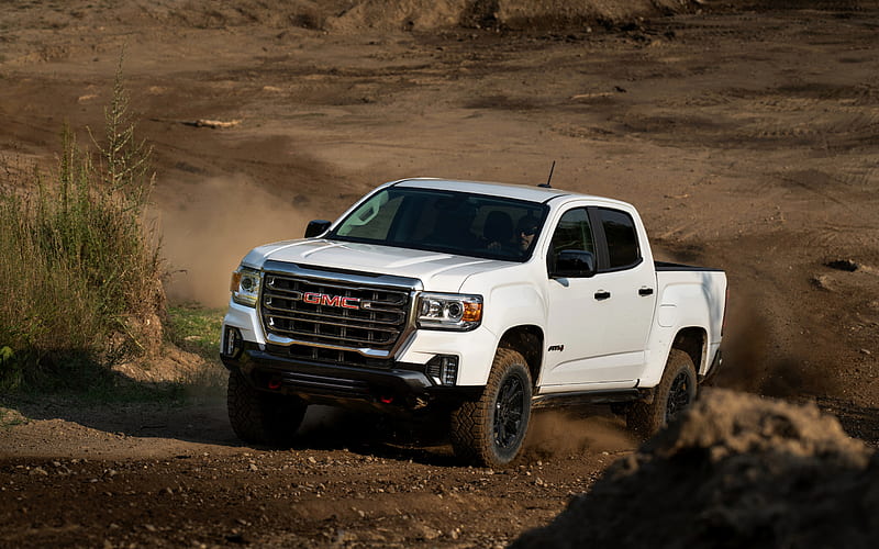 2021, GMC Canyon, exterior, front view, white pickup truck, new white Canyon AT4, american cars, GMC, HD wallpaper