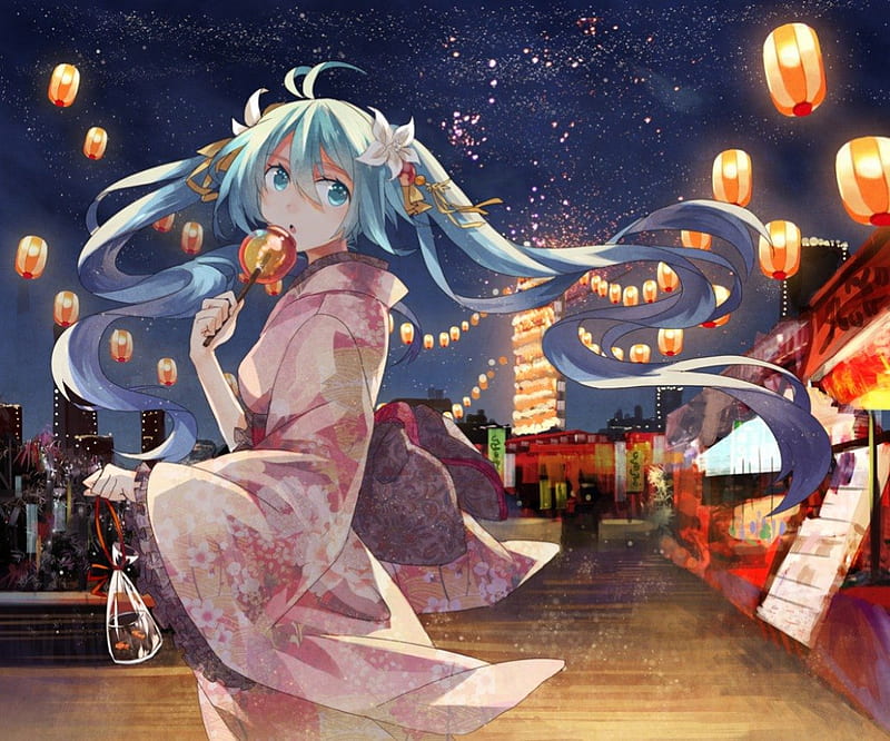 Hatsune Miku, candy, festival, lantern, eat, sweet, anime, yukata, hot, anime girl, vocaloids, long hair, night, vocaloid, female, miku, twintails, kimono, sexy, cute, hatsune, girl, blue hair, snack, HD wallpaper