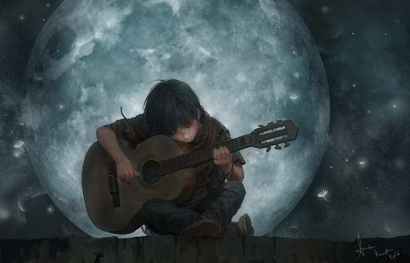 The song of the moon, art, moon, luminos, boy, instrument, fantasy, moon, song, guitar, lee kent, night, HD wallpaper