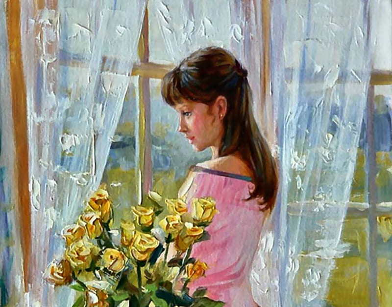 Beside the Window F, art, curtains, bonito, roses, illustration, artwork, little girl, painting, flowers, portrait, HD wallpaper