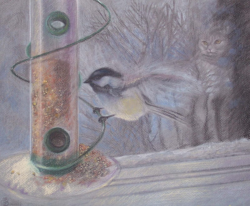 Chickadee, feeder, cat, trees, watching, winter, HD wallpaper