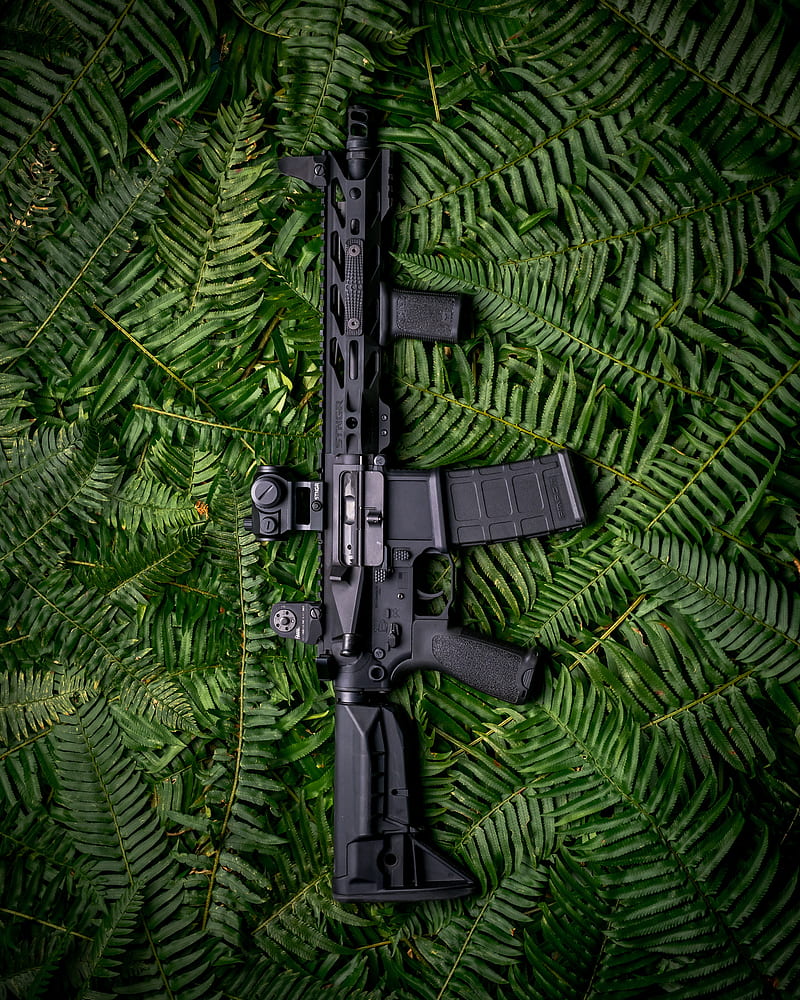 machine gun, weapon, black, fern, leaves, HD phone wallpaper