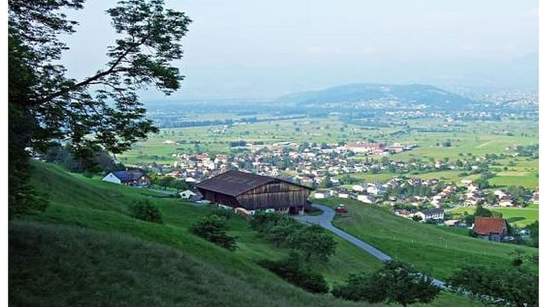 Municpality of Grabs, St Gallen Canton Switzerland, mountains in background, wood building, connecting road, town layout east to see, town seen from hillside, trees, HD wallpaper