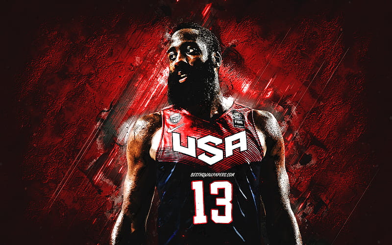 James Harden, USA national basketball team, USA, American basketball player, portrait, United States Basketball team, красный stone background, HD wallpaper