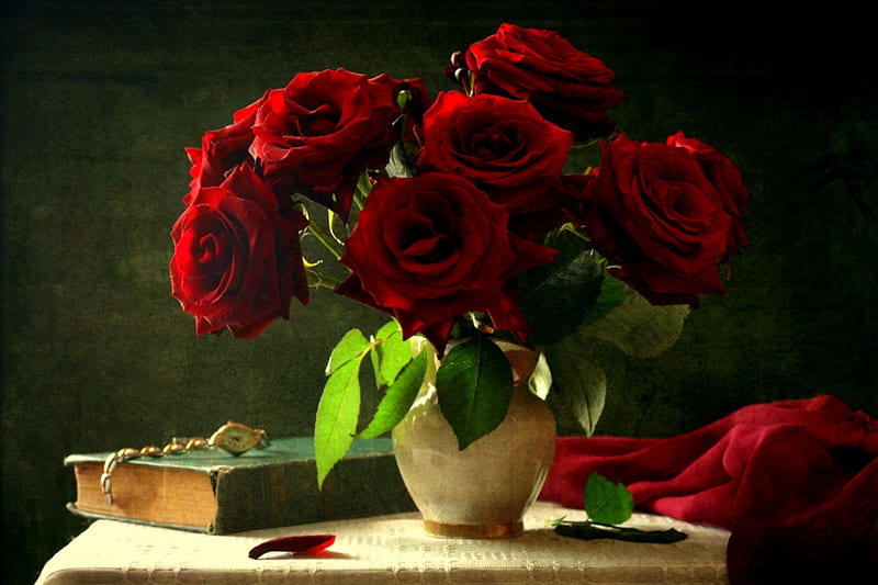 Romantic, red roses, table, red fabric, book, vase, roses, still life, watch, flowers, HD wallpaper
