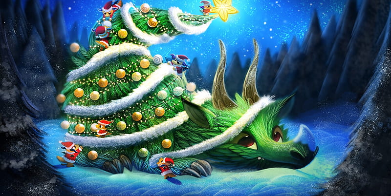 Christmas dragon, green, craciun, art, fantasy, tree, christmas, dragon, HD wallpaper