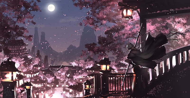 Anime, Moon, Lantern, Cape, Cherry Blossom, Original, Braid, Long Hair, White Hair, HD wallpaper