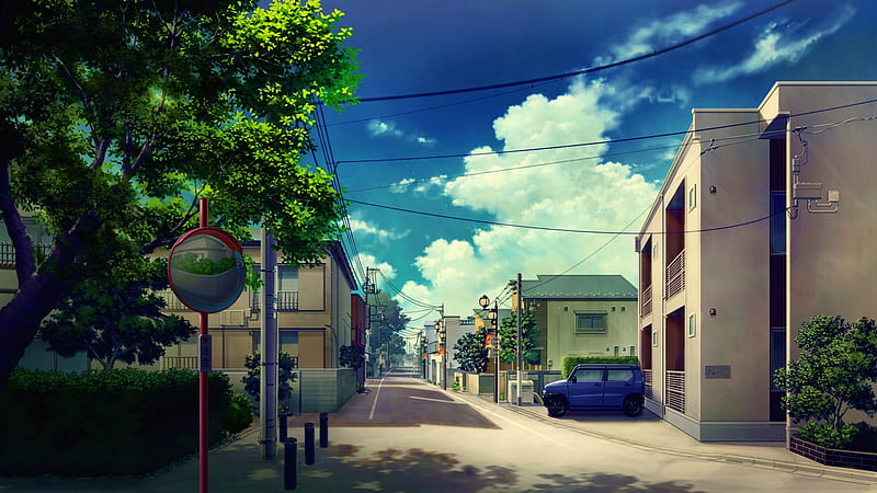 anime landscape, street, buildings, trees, scenic, mirror, Anime, HD wallpaper