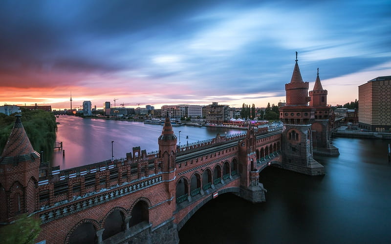 Sunset, evening, river Spree, bridge, Oberbaumbrücke, Berlin, Germany, HD wallpaper