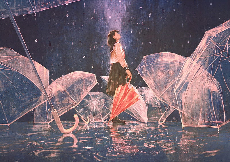 anime school girl, transparent umbrellas, raining, closed eyes, mood, Anime, HD wallpaper