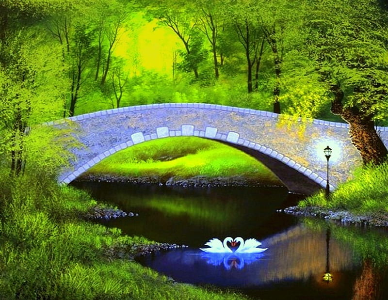 ★Together under the Bridge★, architecture, stunning, together, attractions in dreams, bonito, paintings, parks, green, couple, animals, bridges, colors, love four seasons, creative pre-made, trees, under, swans, pond, nature, HD wallpaper