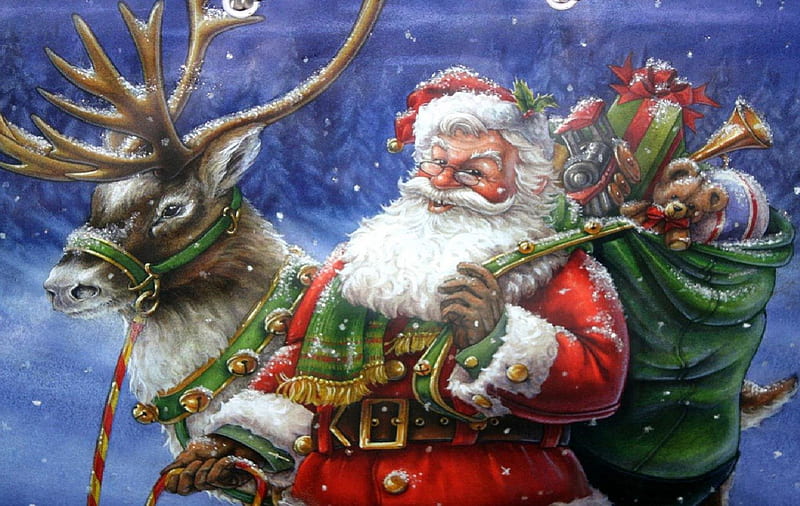 Santa And Reindeer, santa, christmas, reindeer, sack, toys, HD wallpaper