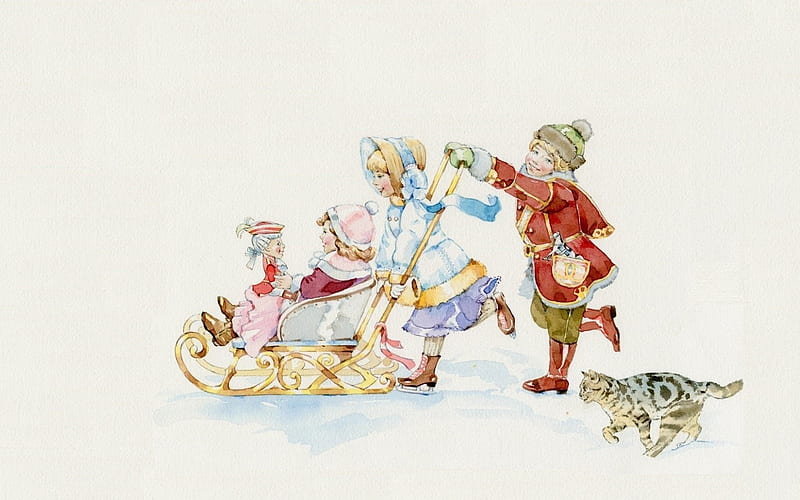 Children, sleigh, luminos, natasha tabatchikova, wintet, cat, joy, winter, hat, draw, boy, girl, copil, HD wallpaper