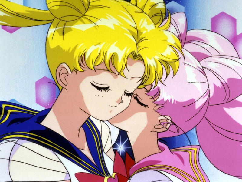 Sailor Moon & Sailor Chibi Moon, transformation, daughter, sailor moon, mother, kiss, sailor chibi moon, HD wallpaper