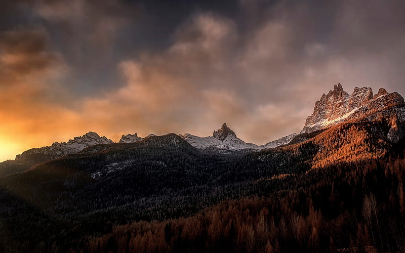 mountain landscape, forest, evening, sunset, rocks, Alps, beautiful sky, HD wallpaper