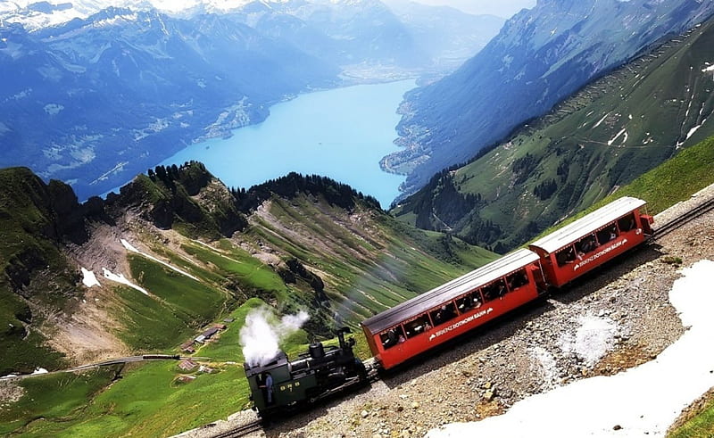 A trip to the mountains, steep mountains, river, steam train, HD wallpaper