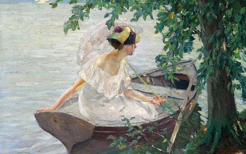 Departure by boat, art, edward cucuel, luminos, lake, boat, water, girl, painting, summer, pictura, HD wallpaper