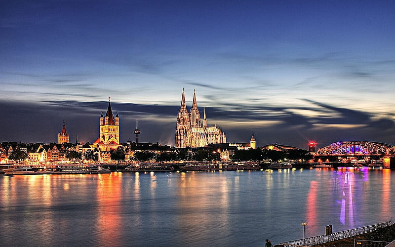 cologne, architecture, night, city, backlight, germany, metropolis, HD wallpaper