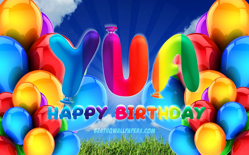 Yua Happy Birtay cloudy sky background, female names, Birtay Party, colorful ballons, Yua name, Happy Birtay Yua, Birtay concept, Yua Birtay, Yua, HD wallpaper