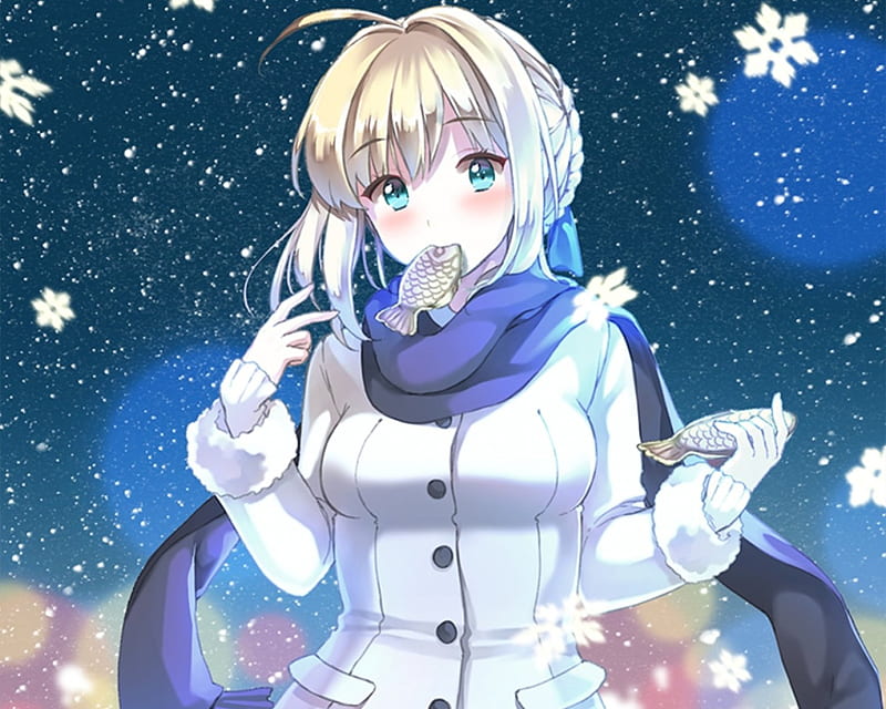 Fish Cake, saber, pretty, blond, bonito, adorable, eat, sweet, nice, fate stay night, anime, beauty, anime girl, female, lovely, food, blonde, blonde hair, blond hair, winter, cute, flakes, kawaii, girl, snow, snowflakes, scarf, eating, HD wallpaper