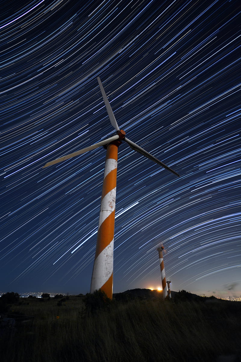wind turbine, structure, starry sky, long exposure, glow, night, HD phone wallpaper