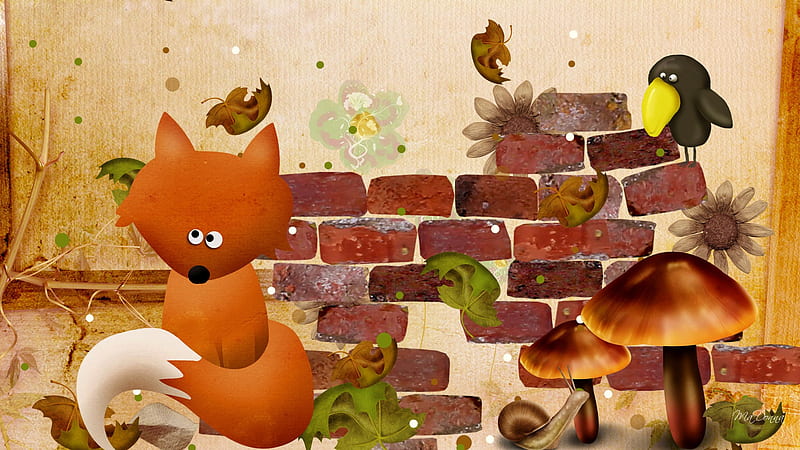 Autumn Foxy, brick wall, fall, autumn, snail, caricature, firefox persona, leaves, fox, flowers, mushrooms, crow, HD wallpaper